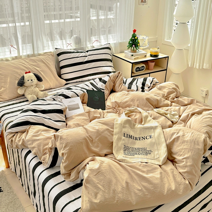 91家纺网 家纺一手货源 找家纺 繁花家居 2025新款高克重水洗棉云朵棉条纹撞色系列四件套 天空蓝+蓝条