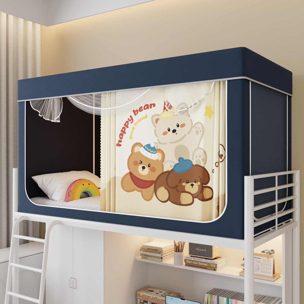 伊而梦蚊帐2025新款升级非涂层静电植绒环保加厚加密透气五面强遮光100%物理遮光大空间0.9/1.2m学生蚊帐 快乐小熊-深蓝