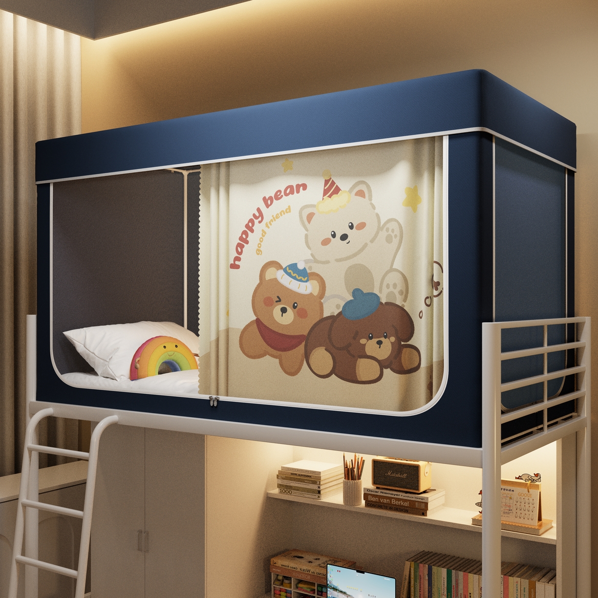 91家纺网 家纺一手货源 找家纺 伊而梦蚊帐2025新款升级非涂层静电植绒环保加厚加密透气五面强遮光100%物理遮光大空间0.9/1.2m学生蚊帐 快乐小熊-深蓝