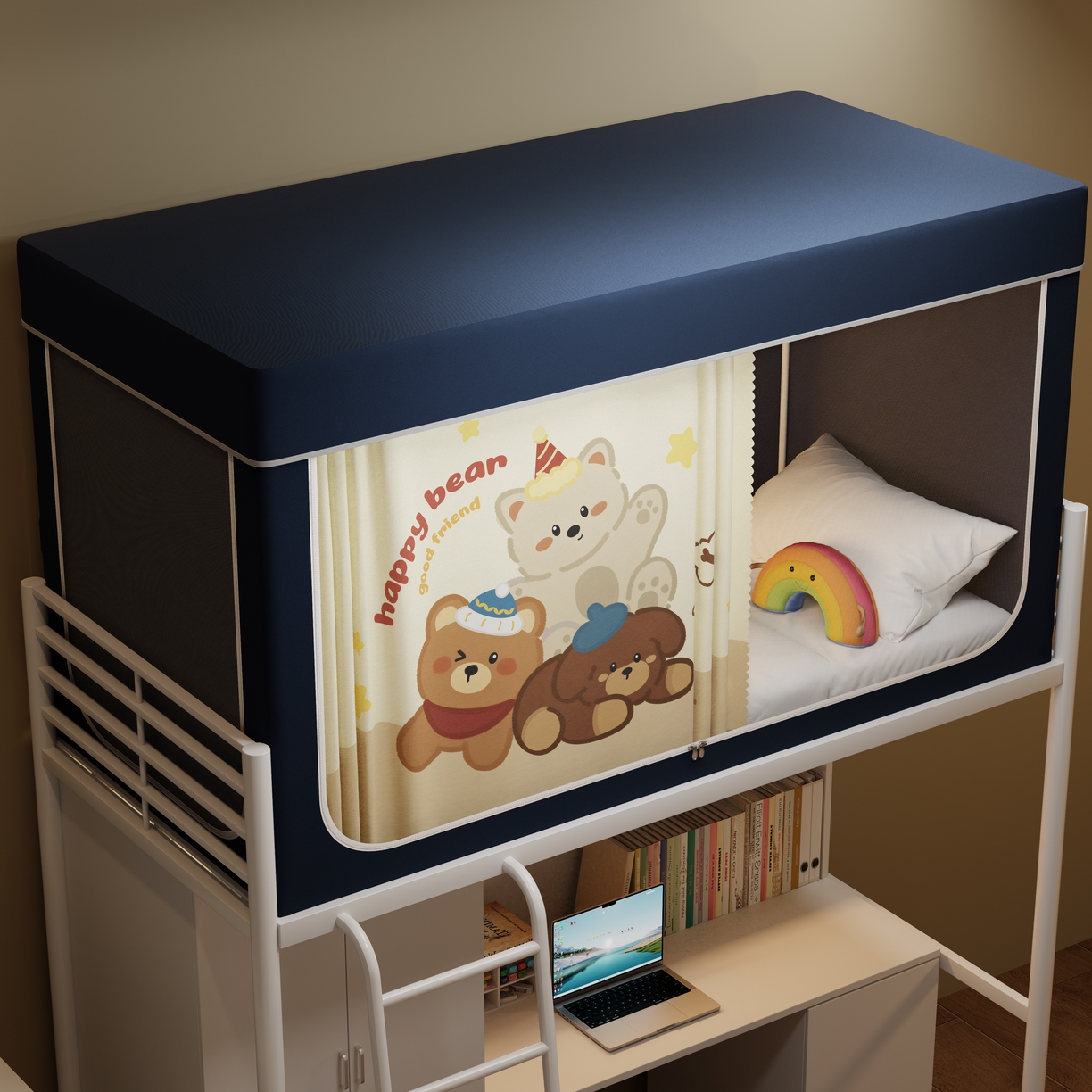 91家纺网 家纺一手货源 找家纺 伊而梦蚊帐2025新款升级非涂层静电植绒环保加厚加密透气五面强遮光100%物理遮光大空间0.9/1.2m学生蚊帐 快乐小熊-深蓝