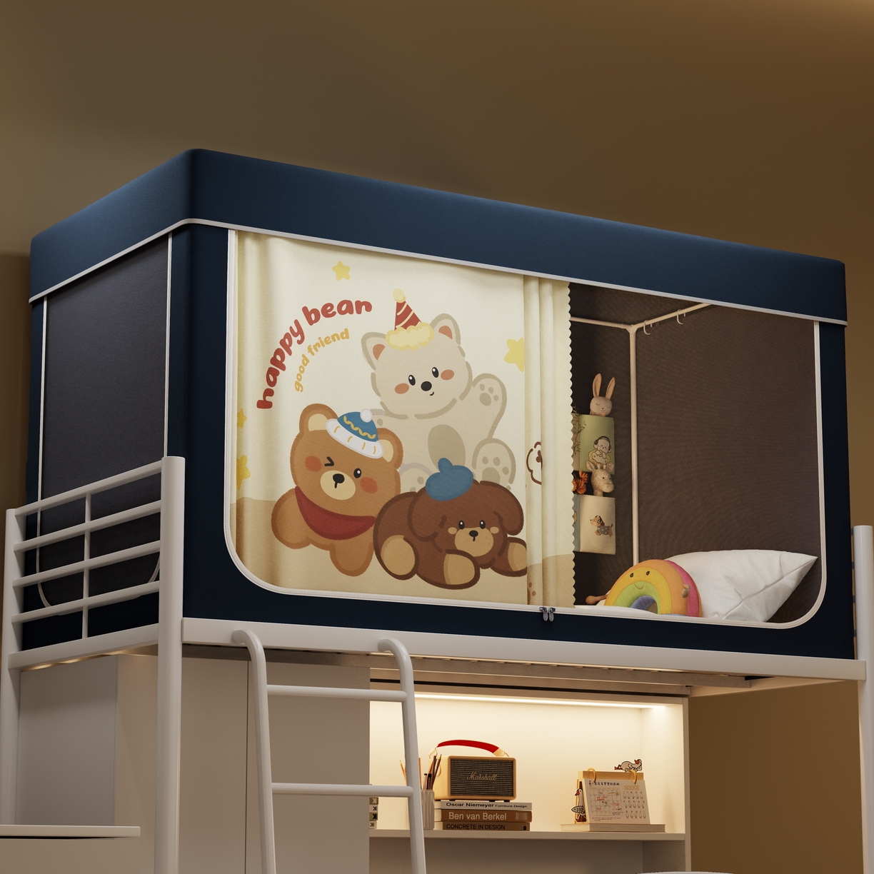 91家纺网 家纺一手货源 找家纺 伊而梦蚊帐2025新款升级非涂层静电植绒环保加厚加密透气五面强遮光100%物理遮光大空间0.9/1.2m学生蚊帐 快乐小熊-深蓝