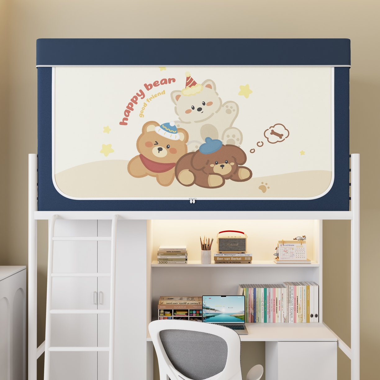 91家纺网 家纺一手货源 找家纺 伊而梦蚊帐2025新款升级非涂层静电植绒环保加厚加密透气五面强遮光100%物理遮光大空间0.9/1.2m学生蚊帐 快乐小熊-深蓝