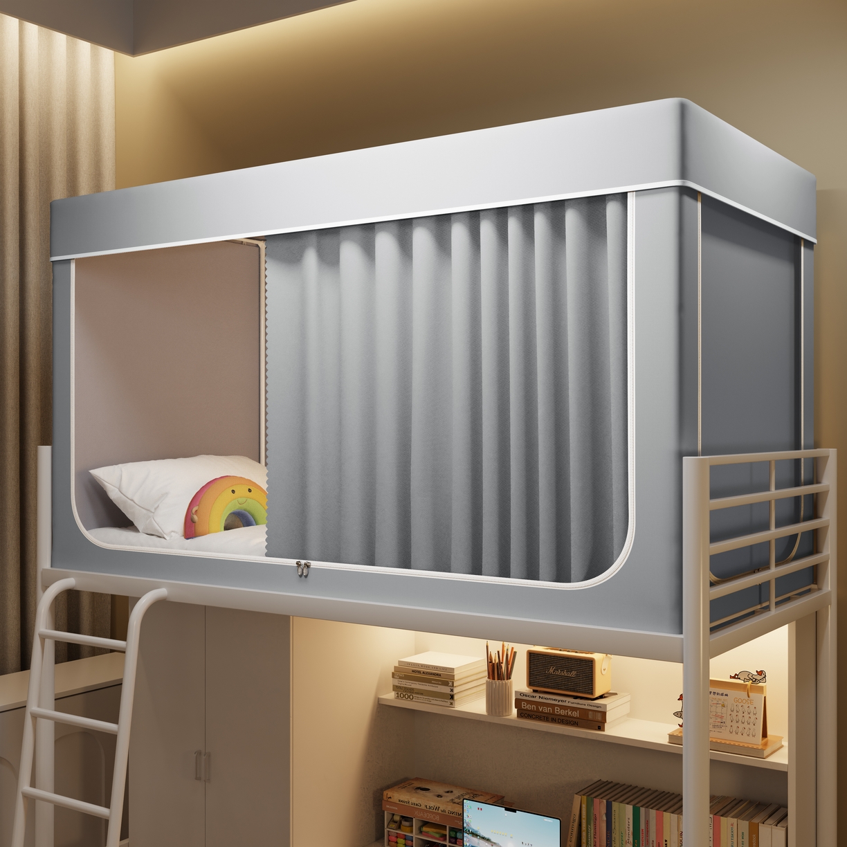 91家纺网 家纺一手货源 找家纺 伊而梦蚊帐2025新款升级非涂层静电植绒环保加厚加密透气五面强遮光100%物理遮光大空间0.9/1.2m学生蚊帐 玛瑙灰