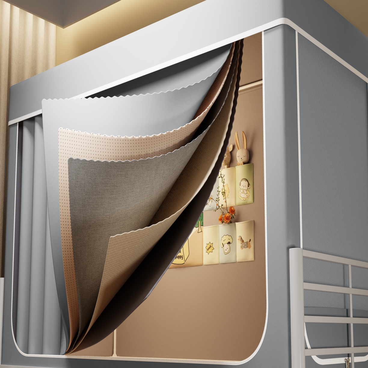 91家纺网 家纺一手货源 找家纺 伊而梦蚊帐2025新款升级非涂层静电植绒环保加厚加密透气五面强遮光100%物理遮光大空间0.9/1.2m学生蚊帐 玛瑙灰