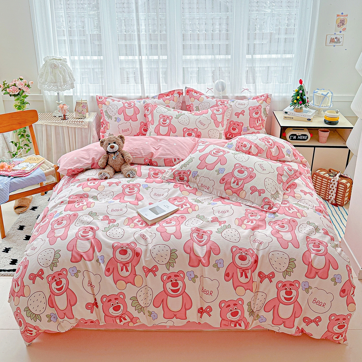 恩泽家纺 2025新款全棉纯棉12868喷气印花系列四件套-第二批 草莓熊