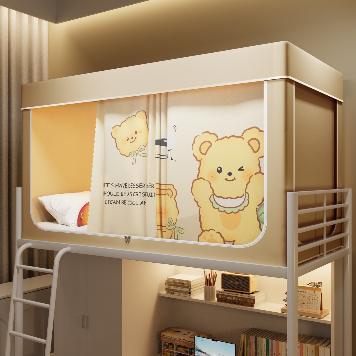 91家纺网 家纺一手货源 找家纺 伊而梦蚊帐2025新款升级非涂层静电植绒环保加厚加密透气五面强遮光100%物理遮光大空间0.9/1.2m学生蚊帐 奶茶熊-奶咖