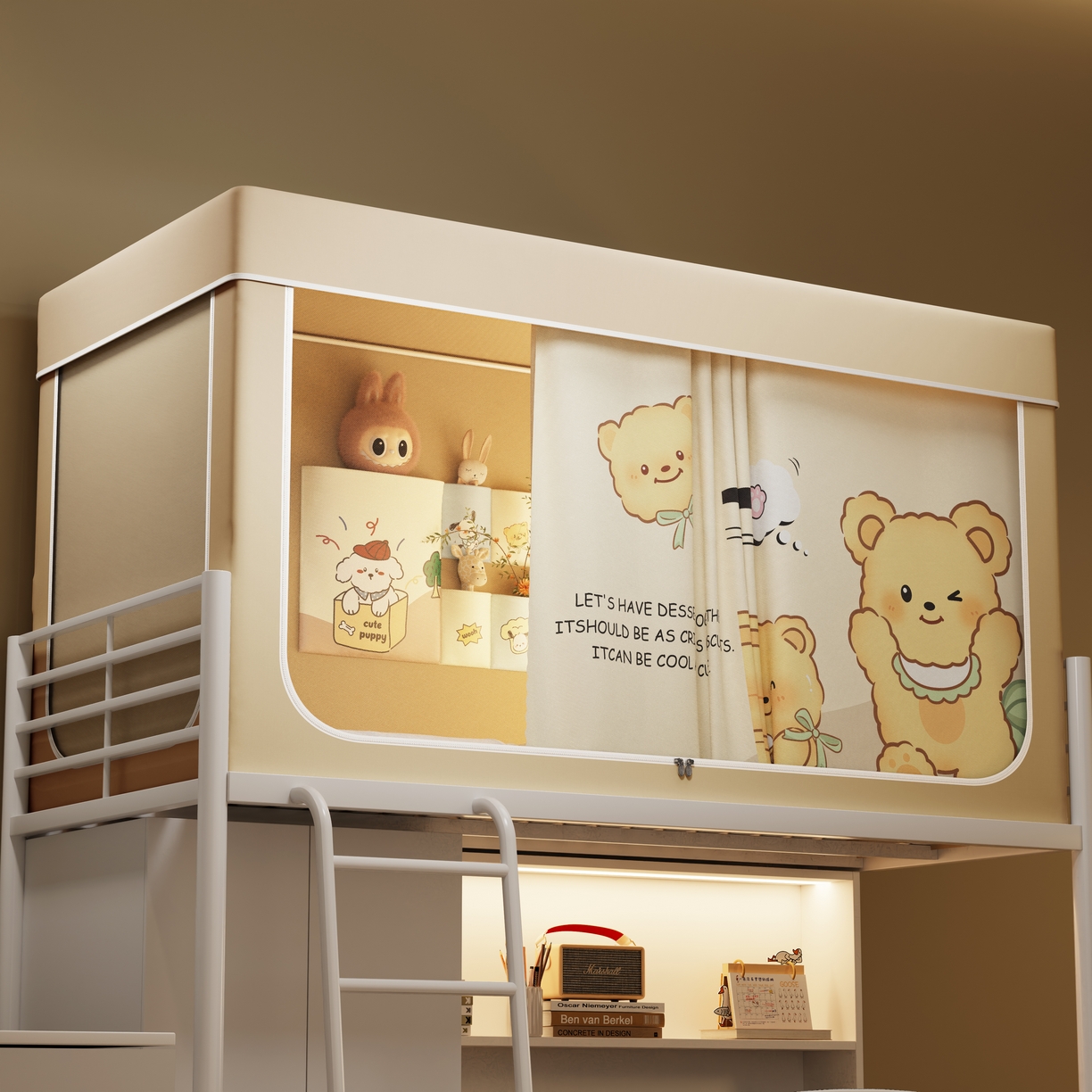 91家纺网 家纺一手货源 找家纺 伊而梦蚊帐2025新款升级非涂层静电植绒环保加厚加密透气五面强遮光100%物理遮光大空间0.9/1.2m学生蚊帐 奶茶熊-奶咖