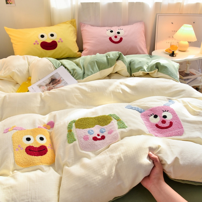 炫拼家纺 2025新款泡芙系全棉纯棉A类40支双层纱卡通毛巾绣四件套 女孩派对