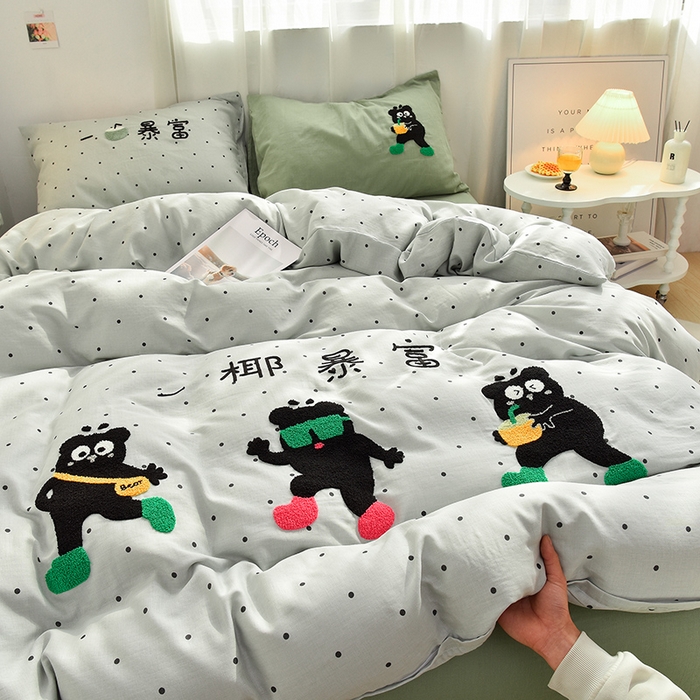 91家纺网 家纺一手货源 找家纺 （总）炫拼家纺 2025新款泡芙系全棉纯棉A类40支双层纱卡通毛巾绣四件套