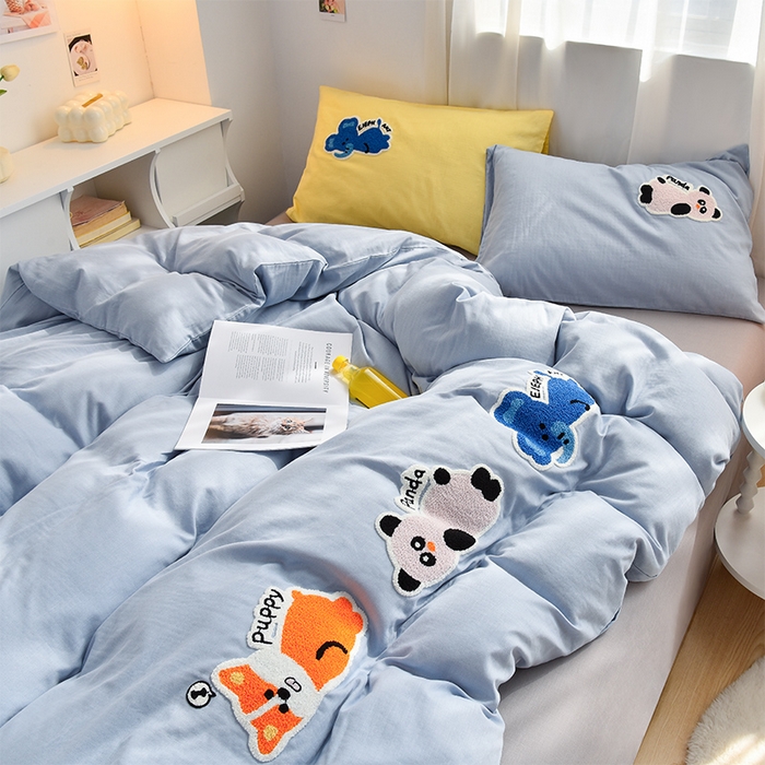 91家纺网 家纺一手货源 找家纺 炫拼家纺 2025新款泡芙系全棉纯棉A类40支双层纱卡通毛巾绣四件套 动物朋友