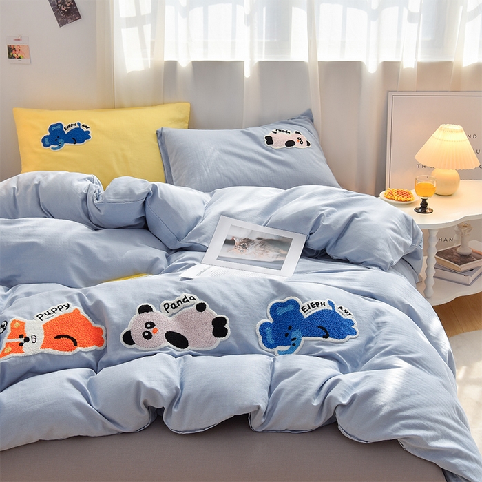 91家纺网 家纺一手货源 找家纺 炫拼家纺 2025新款泡芙系全棉纯棉A类40支双层纱卡通毛巾绣四件套 动物朋友