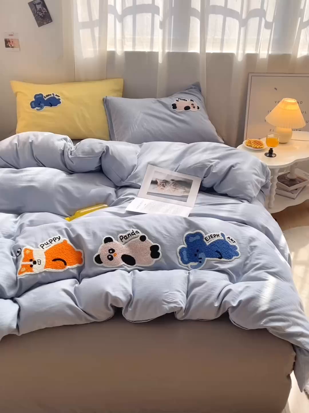 91家纺网 家纺一手货源 找家纺 炫拼家纺 2025新款泡芙系全棉纯棉A类40支双层纱卡通毛巾绣四件套 动物朋友