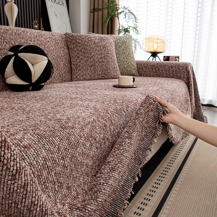 91家纺网 家纺一手货源 找家纺 沐沐家纺 2026新款亲肤舒适炫彩沙发巾 豆沙色
