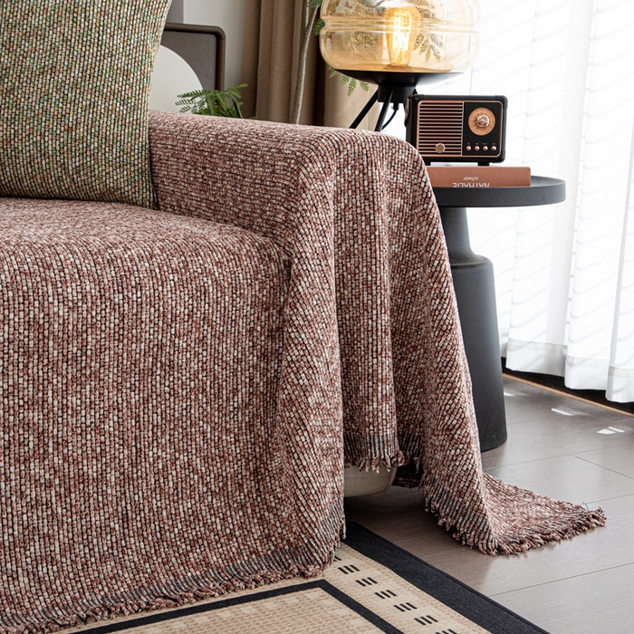 91家纺网 家纺一手货源 找家纺 沐沐家纺 2026新款亲肤舒适炫彩沙发巾 豆沙色