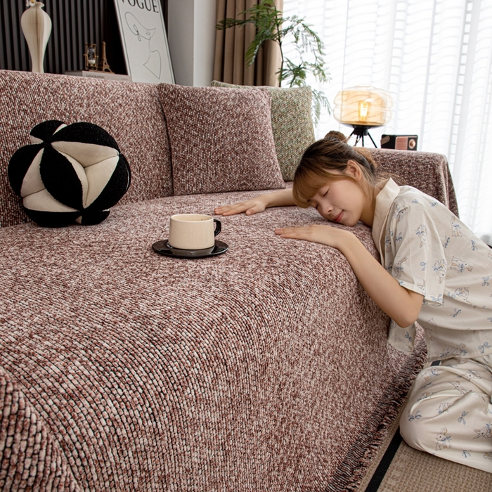 91家纺网 家纺一手货源 找家纺 沐沐家纺 2026新款亲肤舒适炫彩沙发巾 豆沙色