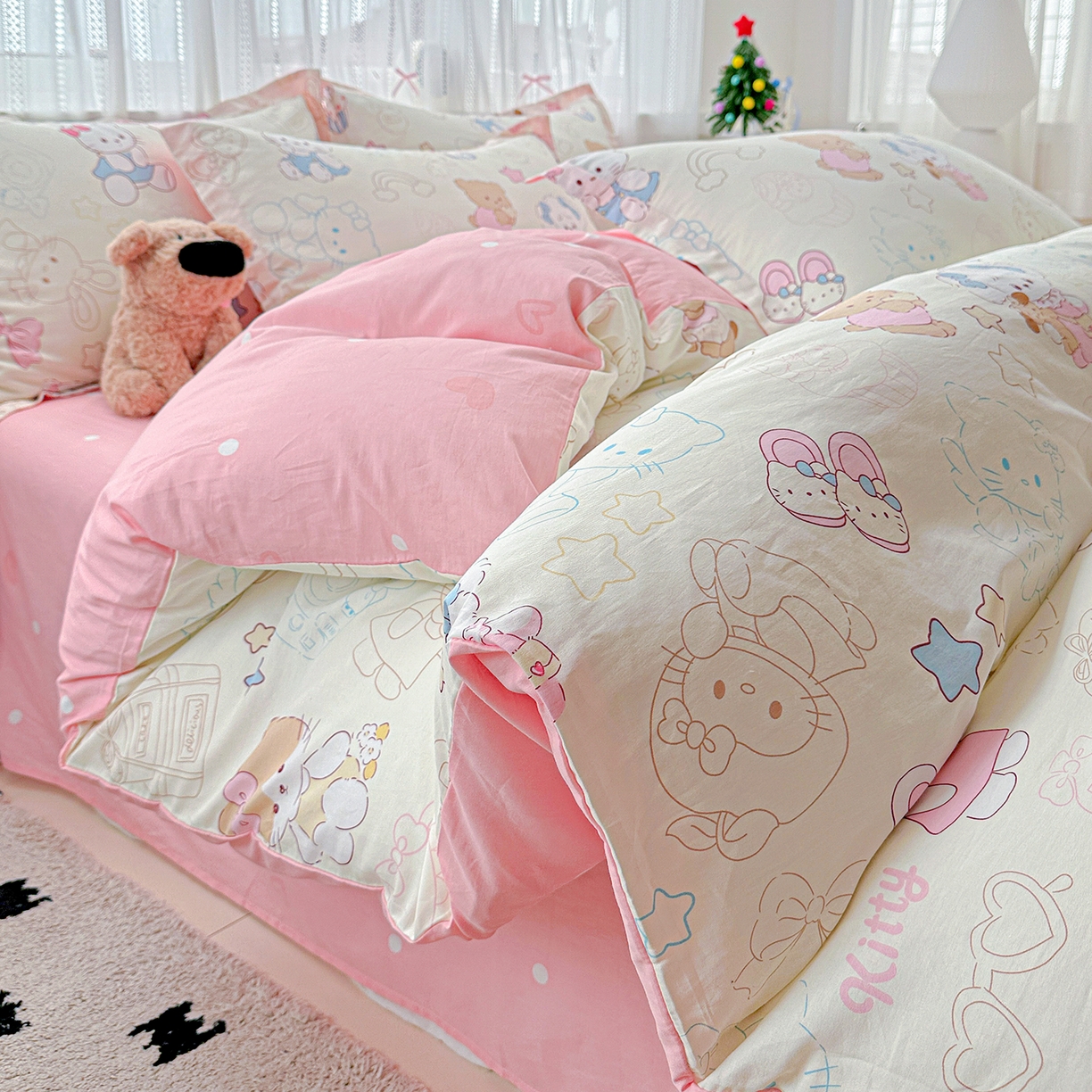 91家纺网 家纺一手货源 找家纺 恩泽家纺 2025新款全棉纯棉12868喷气印花系列四件套-第二批 凯蒂宝贝