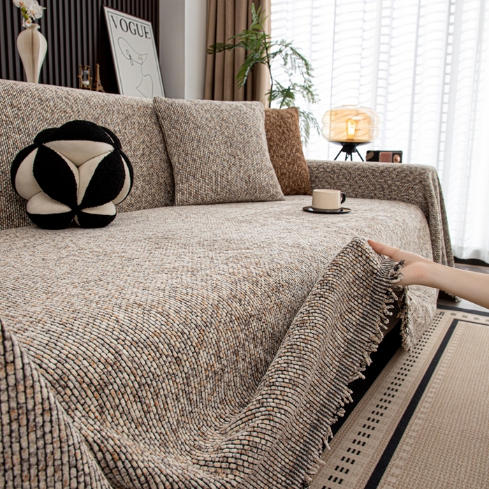 91家纺网 家纺一手货源 找家纺 沐沐家纺 2026新款亲肤舒适炫彩沙发巾 米色