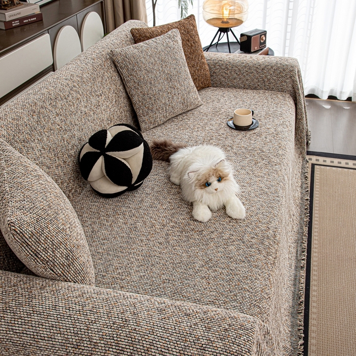 91家纺网 家纺一手货源 找家纺 沐沐家纺 2026新款亲肤舒适炫彩沙发巾 米色