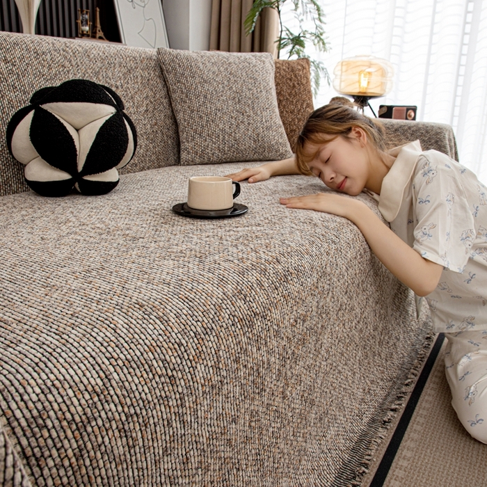 91家纺网 家纺一手货源 找家纺 沐沐家纺 2026新款亲肤舒适炫彩沙发巾 米色