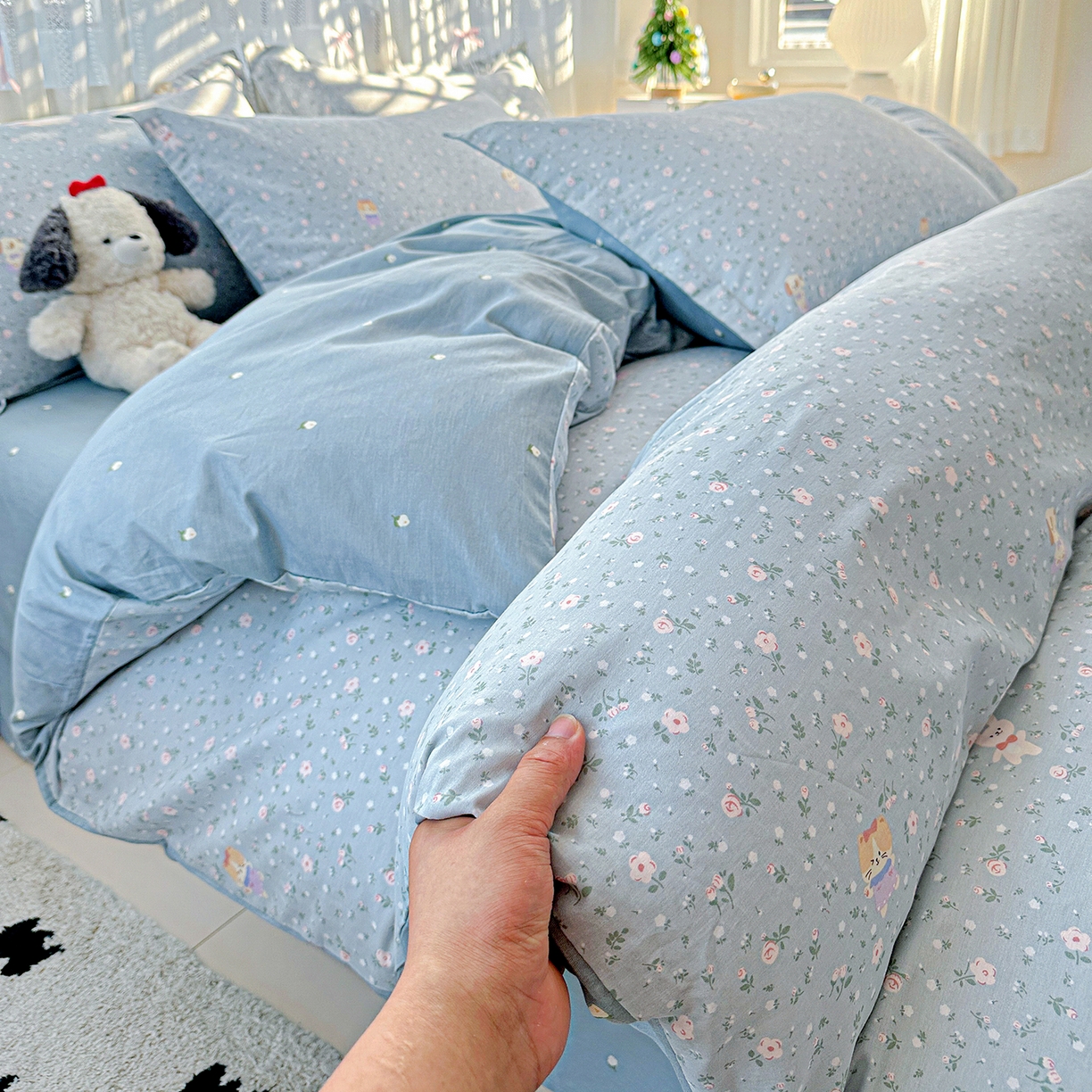 91家纺网 家纺一手货源 找家纺 恩泽家纺 2025新款全棉纯棉12868喷气印花系列四件套-第二批 蓝玫花语