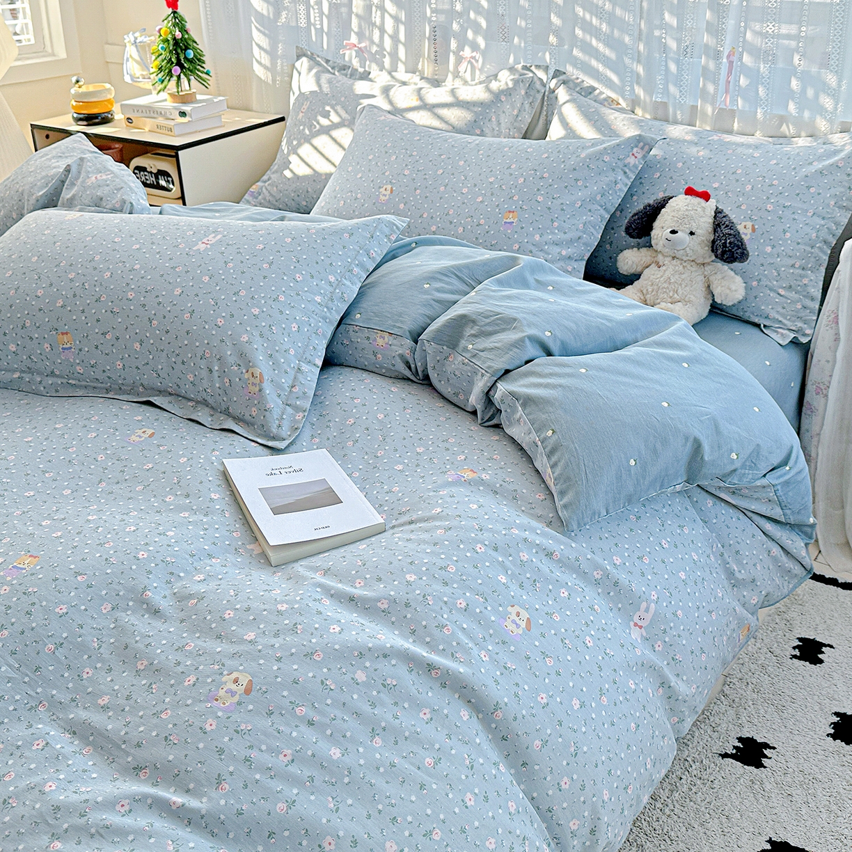 91家纺网 家纺一手货源 找家纺 恩泽家纺 2025新款全棉纯棉12868喷气印花系列四件套-第二批 蓝玫花语