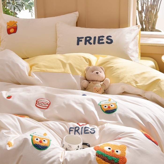 炫拼家纺 2026新春款萌系A类全棉纯棉40支水洗棉毛巾绣四件套 快乐汉堡