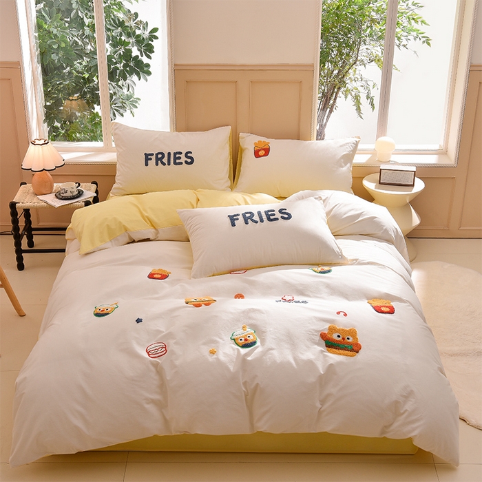 91家纺网 家纺一手货源 找家纺 炫拼家纺 2026新春款萌系A类全棉纯棉40支水洗棉毛巾绣四件套 快乐汉堡