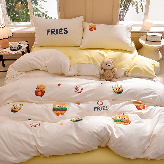 91家纺网 家纺一手货源 找家纺 炫拼家纺 2026新春款萌系A类全棉纯棉40支水洗棉毛巾绣四件套 快乐汉堡