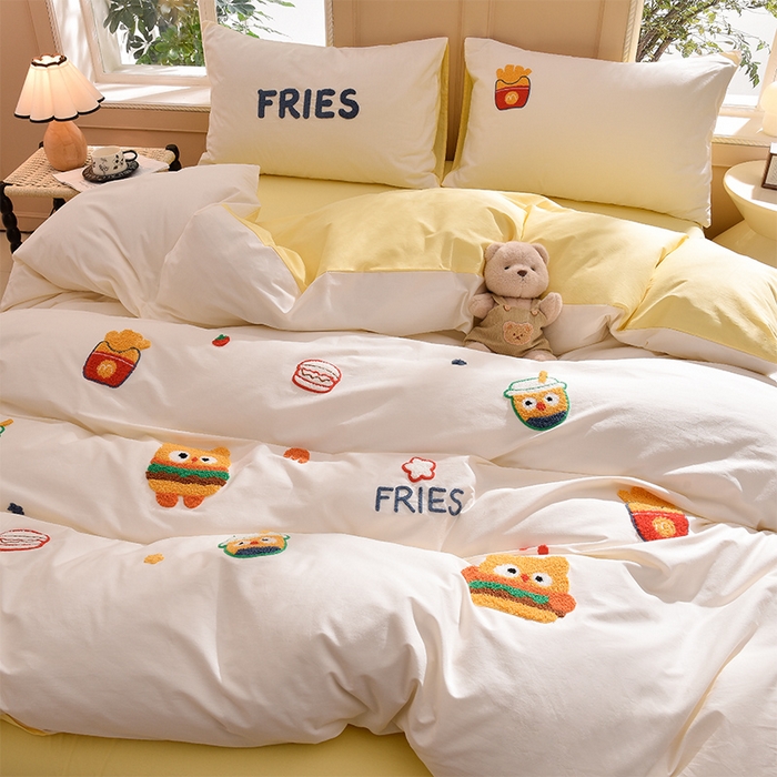 91家纺网 家纺一手货源 找家纺 炫拼家纺 2026新春款萌系A类全棉纯棉40支水洗棉毛巾绣四件套 快乐汉堡