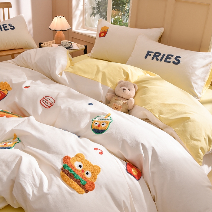 91家纺网 家纺一手货源 找家纺 炫拼家纺 2026新春款萌系A类全棉纯棉40支水洗棉毛巾绣四件套 快乐汉堡