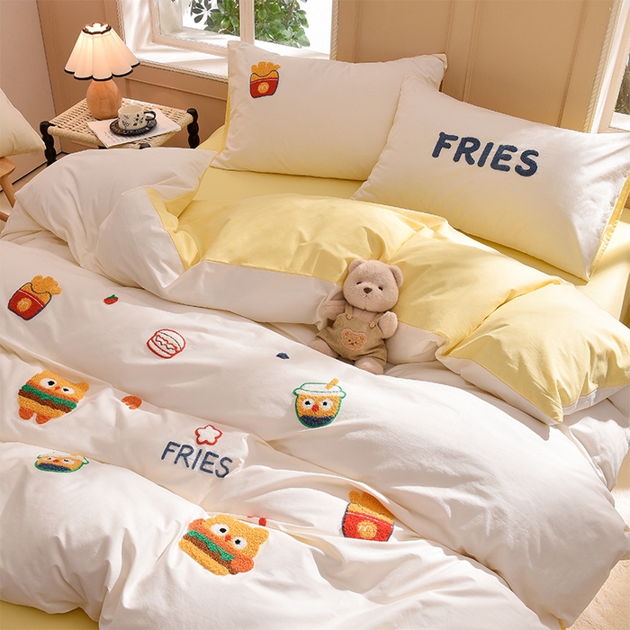 91家纺网 家纺一手货源 找家纺 炫拼家纺 2026新春款萌系A类全棉纯棉40支水洗棉毛巾绣四件套 快乐汉堡