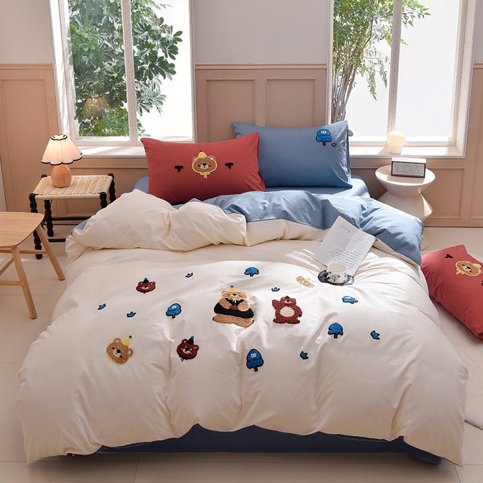 91家纺网 家纺一手货源 找家纺 炫拼家纺 2026新春款萌系A类全棉纯棉40支水洗棉毛巾绣四件套 森林熊