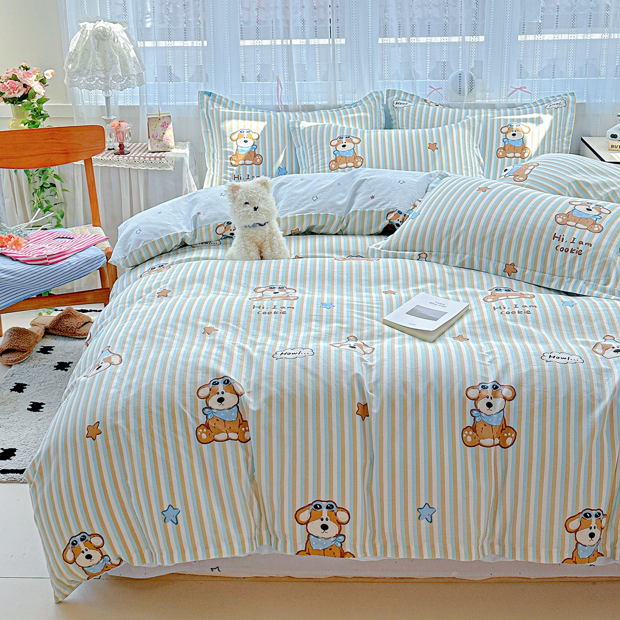 91家纺网 家纺一手货源 找家纺 恩泽家纺 2025新款全棉纯棉12868喷气印花系列四件套-第二批 派对小狗