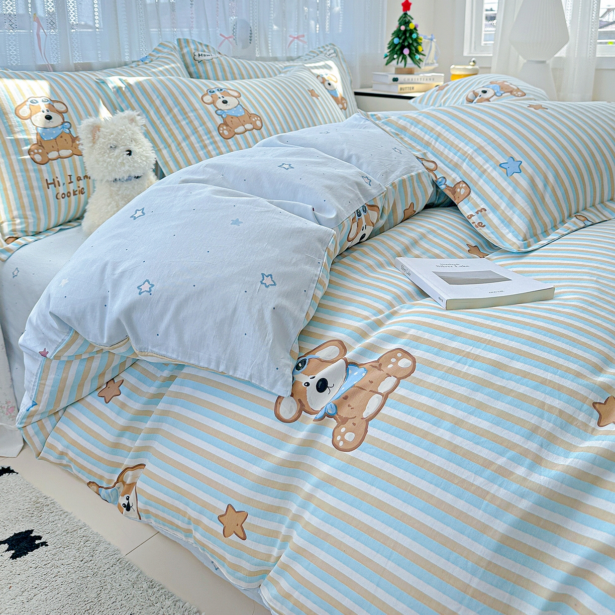 91家纺网 家纺一手货源 找家纺 恩泽家纺 2025新款全棉纯棉12868喷气印花系列四件套-第二批 派对小狗