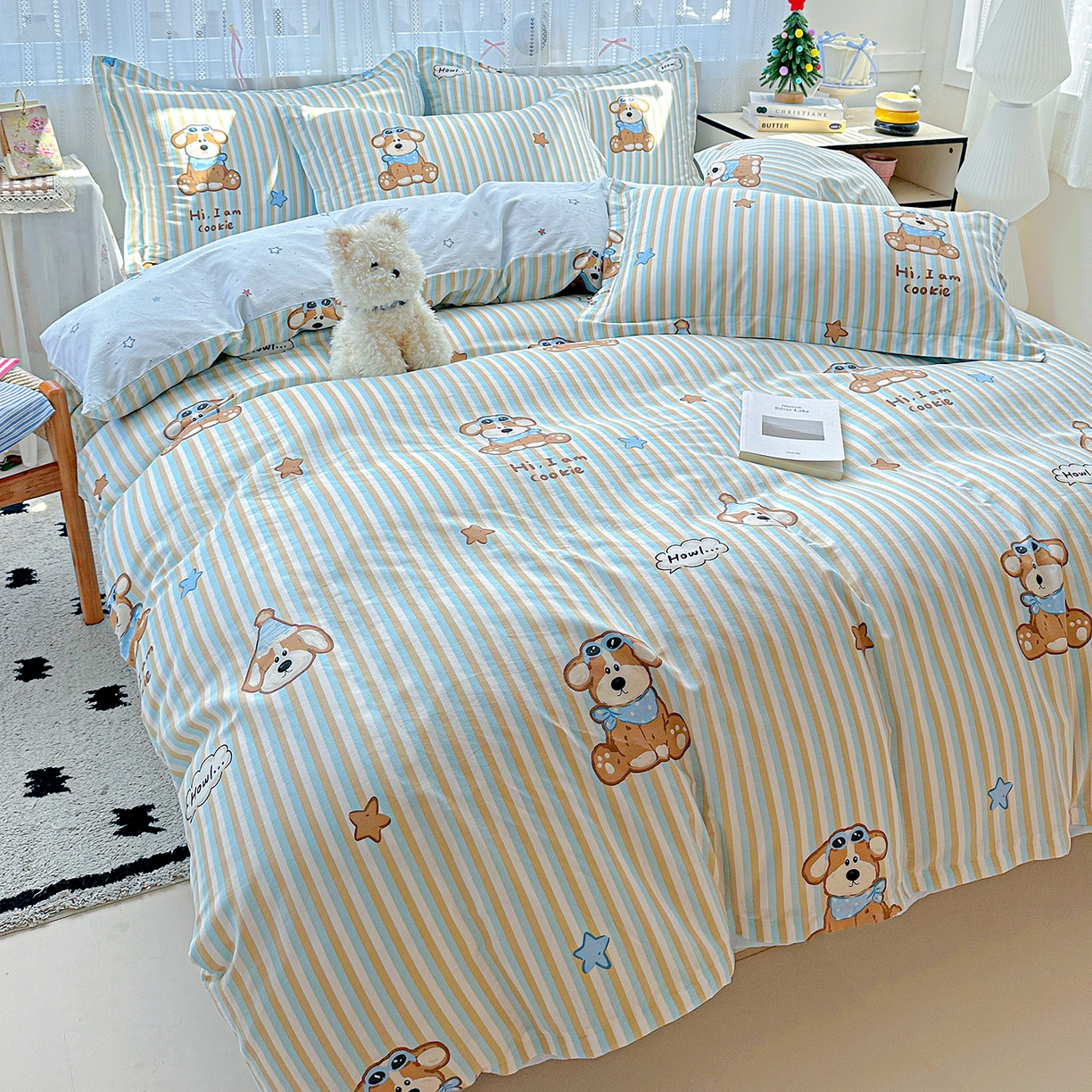 91家纺网 家纺一手货源 找家纺 恩泽家纺 2025新款全棉纯棉12868喷气印花系列四件套-第二批 派对小狗