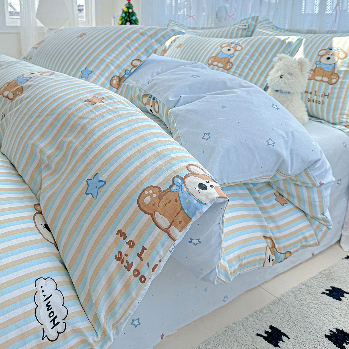 91家纺网 家纺一手货源 找家纺 恩泽家纺 2025新款全棉纯棉12868喷气印花系列四件套-第二批 派对小狗