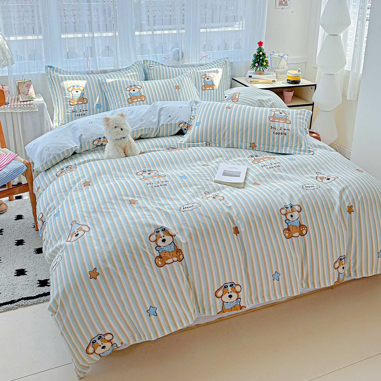 91家纺网 家纺一手货源 找家纺 恩泽家纺 2025新款全棉纯棉12868喷气印花系列四件套-第二批 派对小狗