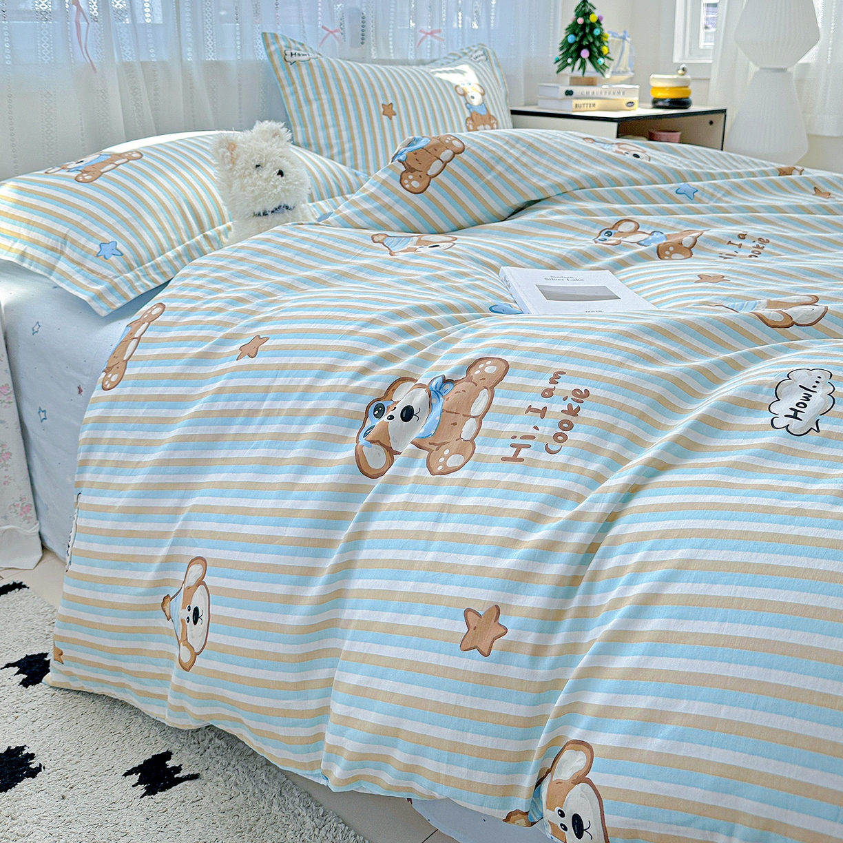 91家纺网 家纺一手货源 找家纺 恩泽家纺 2025新款全棉纯棉12868喷气印花系列四件套-第二批 派对小狗