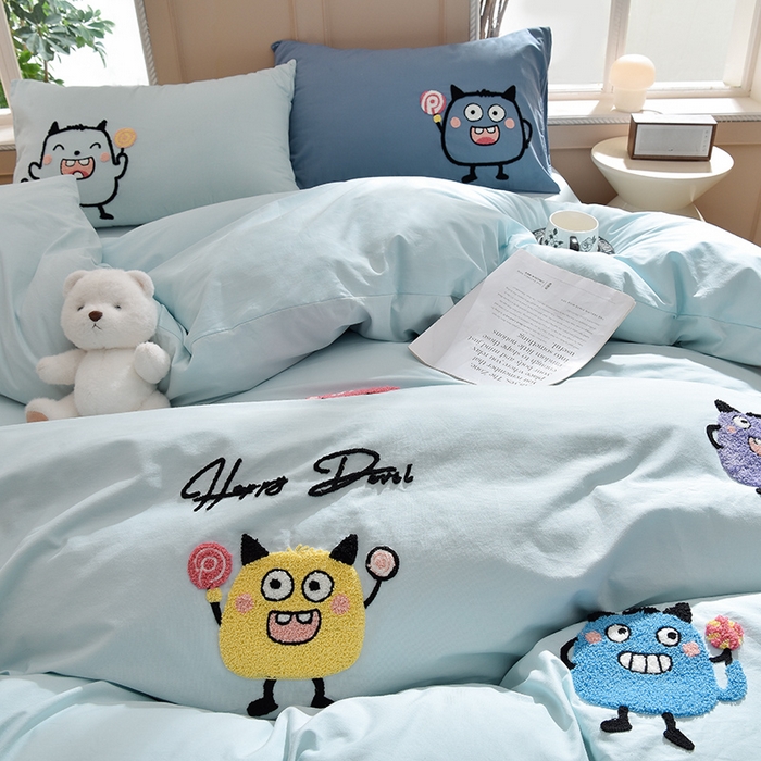 炫拼家纺 2026新春款萌系A类全棉纯棉40支水洗棉毛巾绣四件套 小怪兽-兰