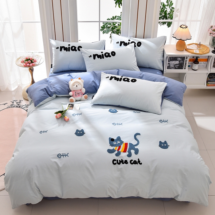 91家纺网 家纺一手货源 找家纺 炫拼家纺 2026新春款萌系A类全棉纯棉40支水洗棉毛巾绣四件套 彩色猫