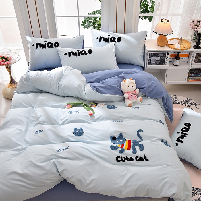 91家纺网 家纺一手货源 找家纺 炫拼家纺 2026新春款萌系A类全棉纯棉40支水洗棉毛巾绣四件套 彩色猫