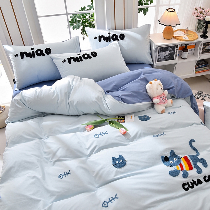 91家纺网 家纺一手货源 找家纺 炫拼家纺 2026新春款萌系A类全棉纯棉40支水洗棉毛巾绣四件套 彩色猫