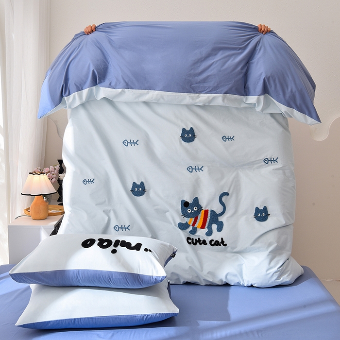 91家纺网 家纺一手货源 找家纺 炫拼家纺 2026新春款萌系A类全棉纯棉40支水洗棉毛巾绣四件套 彩色猫