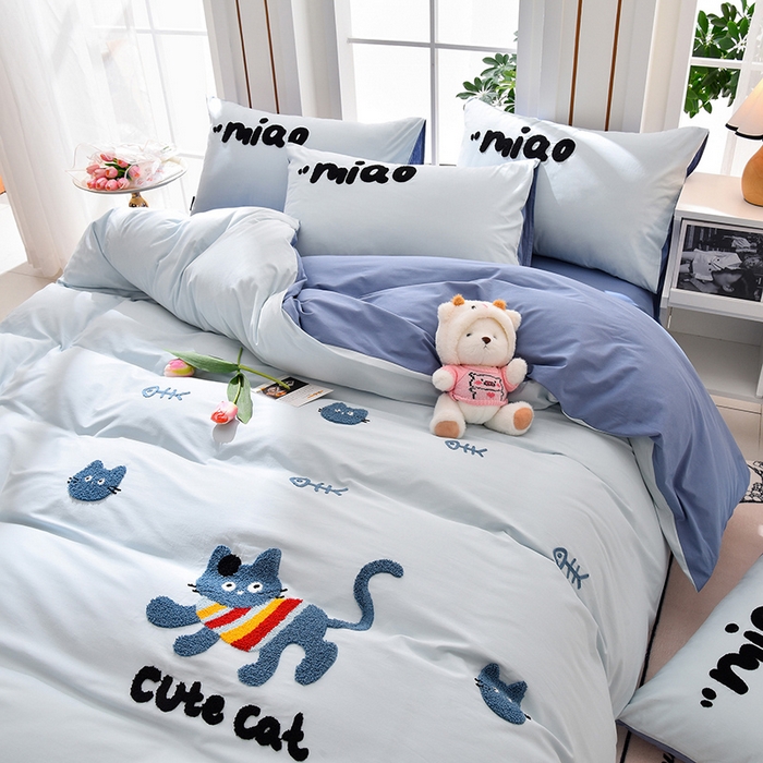 91家纺网 家纺一手货源 找家纺 炫拼家纺 2026新春款萌系A类全棉纯棉40支水洗棉毛巾绣四件套 彩色猫