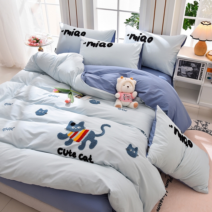 91家纺网 家纺一手货源 找家纺 炫拼家纺 2026新春款萌系A类全棉纯棉40支水洗棉毛巾绣四件套 彩色猫