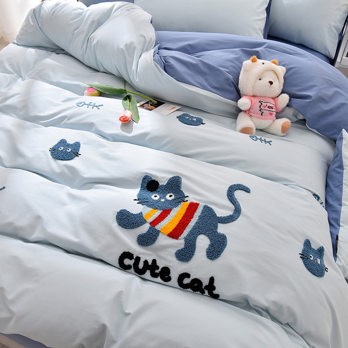 91家纺网 家纺一手货源 找家纺 炫拼家纺 2026新春款萌系A类全棉纯棉40支水洗棉毛巾绣四件套 彩色猫