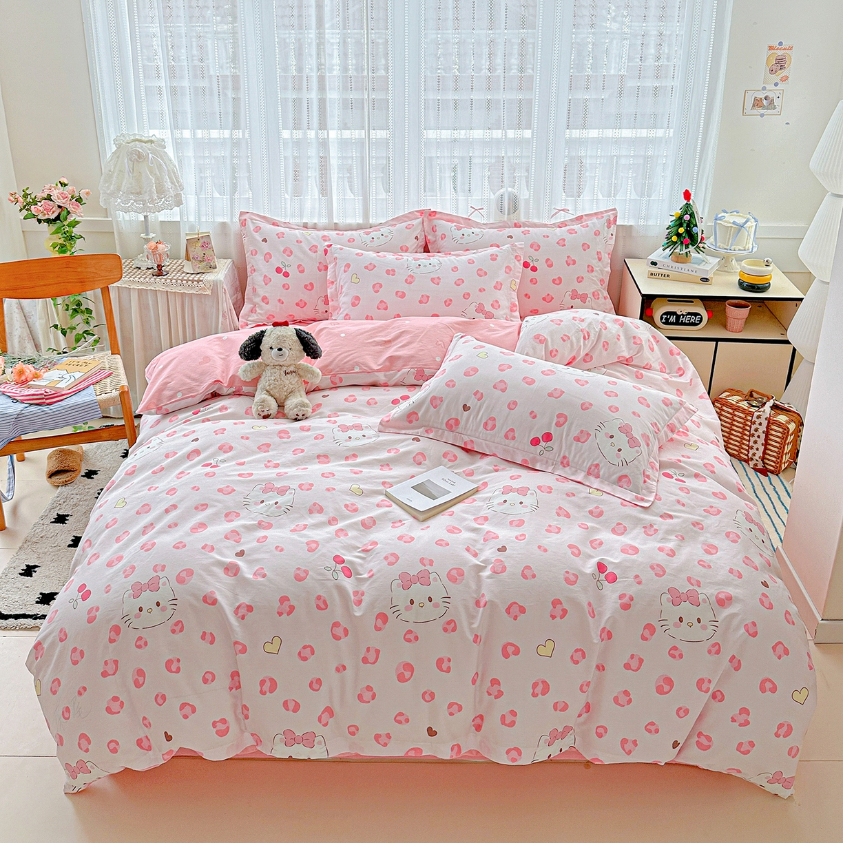 恩泽家纺 2025新款全棉纯棉12868喷气印花系列四件套-第二批 时尚猫咪粉