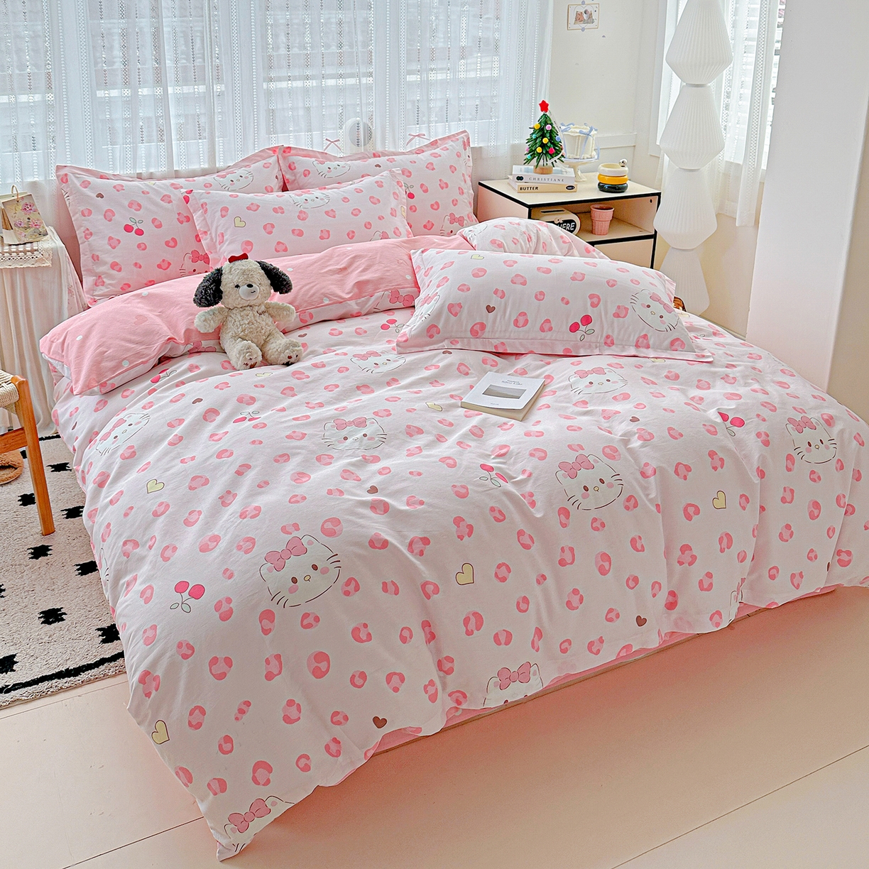 91家纺网 家纺一手货源 找家纺 恩泽家纺 2025新款全棉纯棉12868喷气印花系列四件套-第二批 时尚猫咪粉