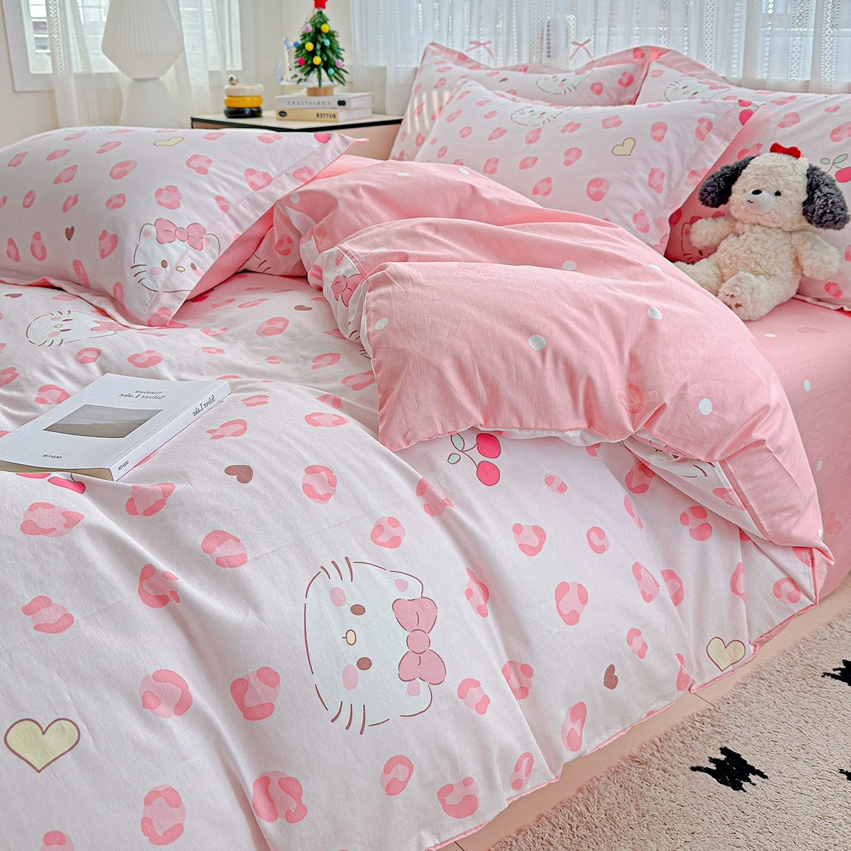 91家纺网 家纺一手货源 找家纺 恩泽家纺 2025新款全棉纯棉12868喷气印花系列四件套-第二批 时尚猫咪粉