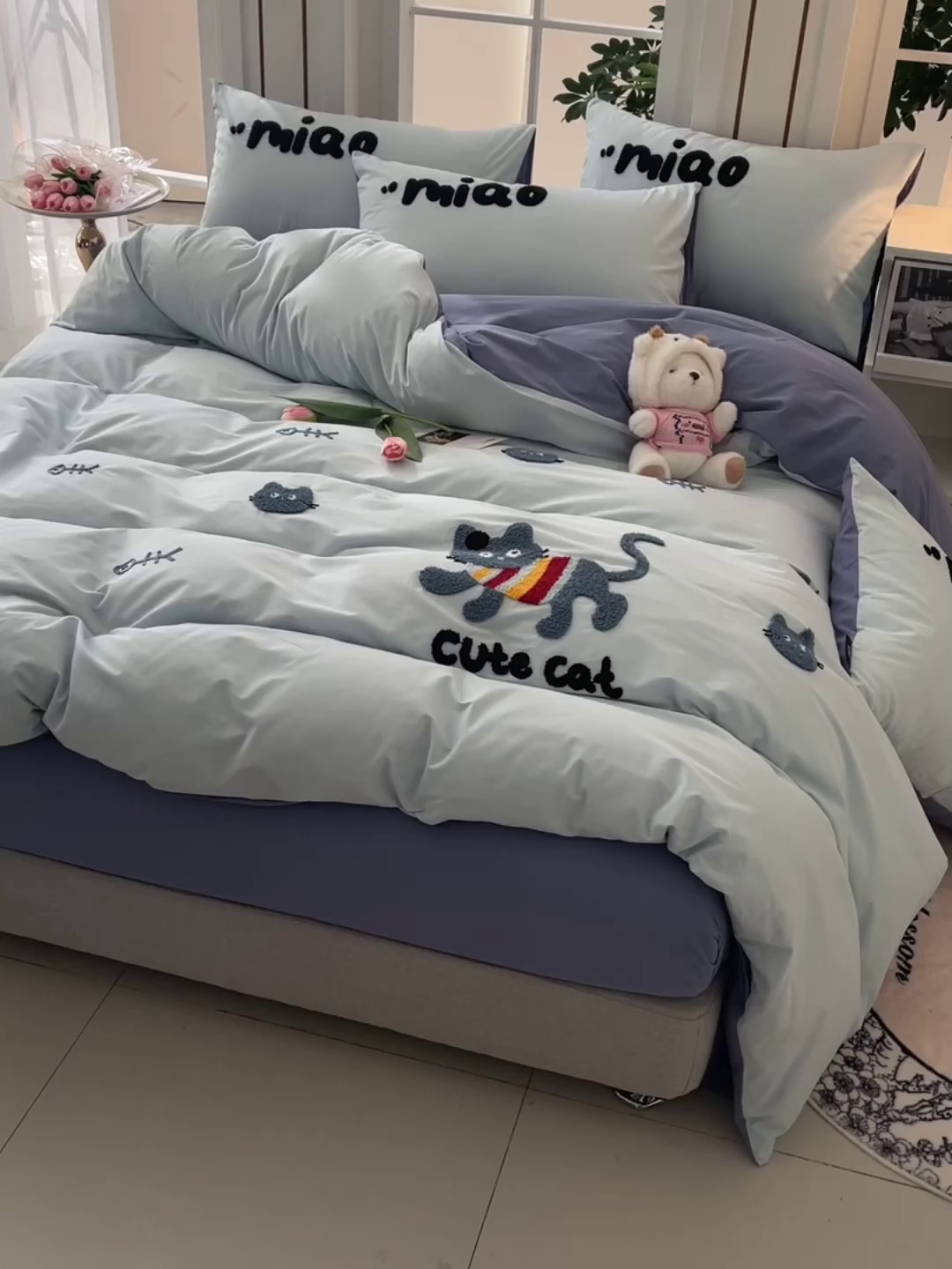 91家纺网 家纺一手货源 找家纺 炫拼家纺 2026新春款萌系A类全棉纯棉40支水洗棉毛巾绣四件套 彩色猫